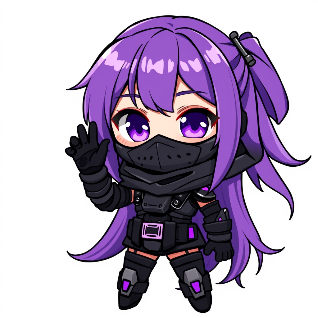 Main art studio: Cute chibi female cyberpunk warrior with long flowing purple hair, violet highlights, large purple eyes, dark metallic face mask, black and dark gray