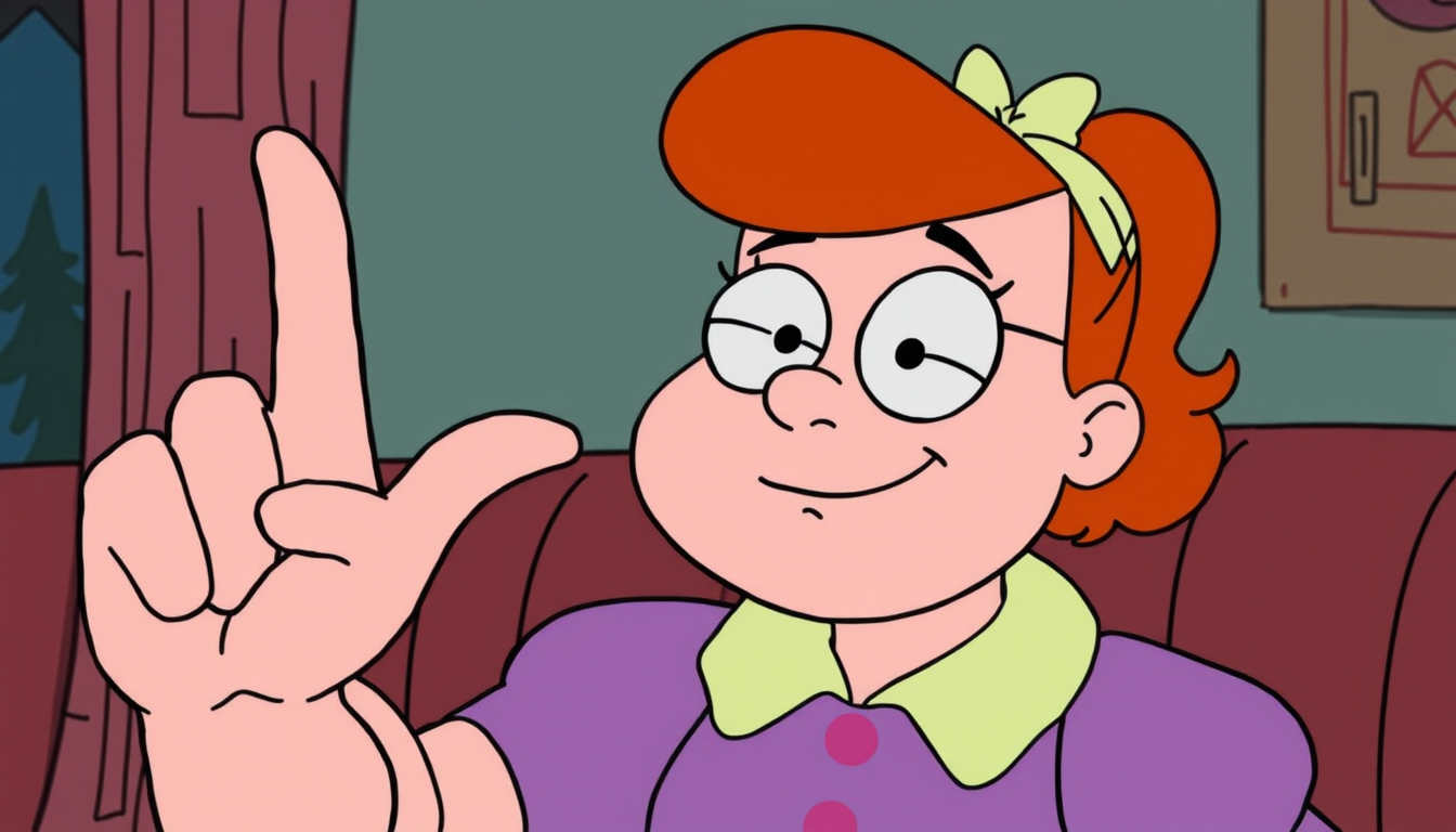 Main art studio: Mabel Pines with finger your lips and snap your fingers.