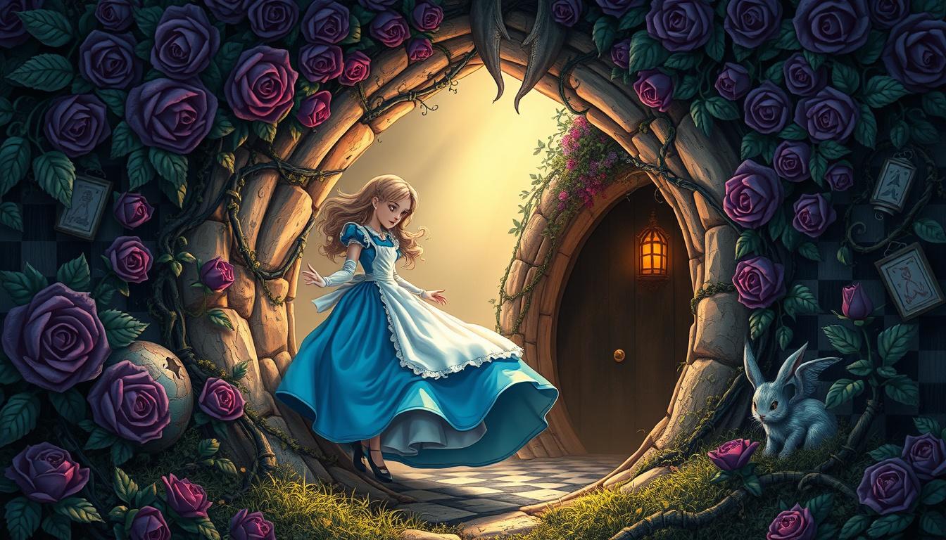 Fantasy Art idea created from the prompt: fantasy art, epic, magical, detailed illustration, A mystical depiction features Alice dressed in a striking blue gown, with a white apron f