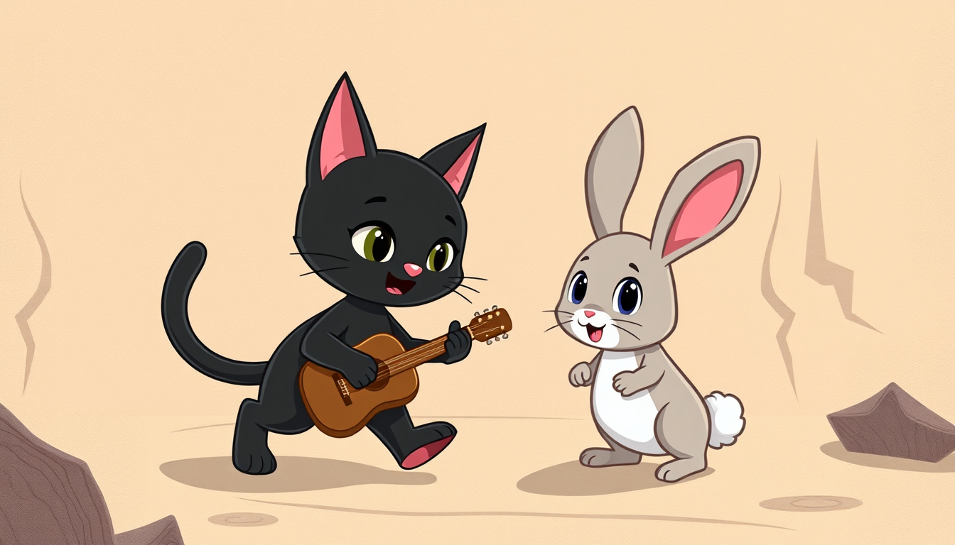 Main art studio: kids cartoon a cute walking black cat and rabbit plays rock paper scirsciss