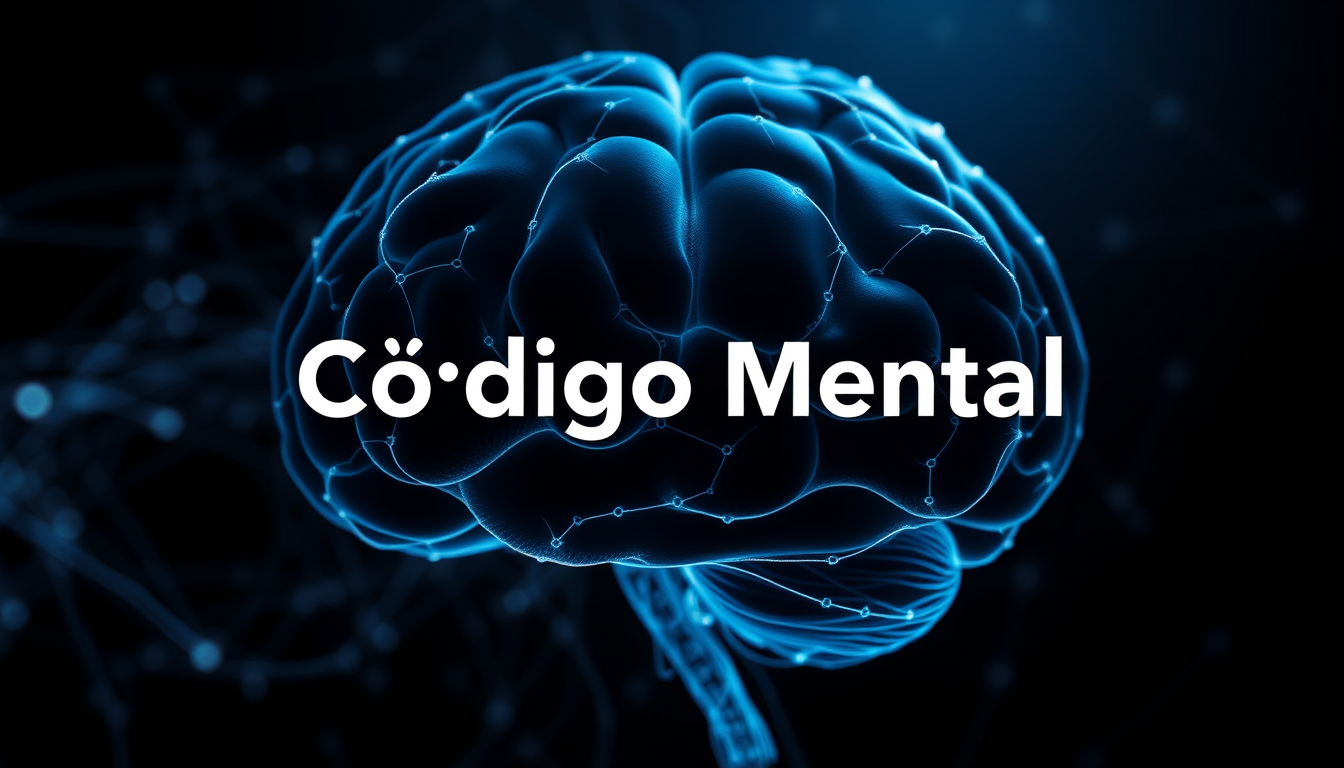 Main art studio: Professional YouTube banner for a channel called "Código Mental", dark modern background, futuristic psychology and neuroscience aesthetic, human brai