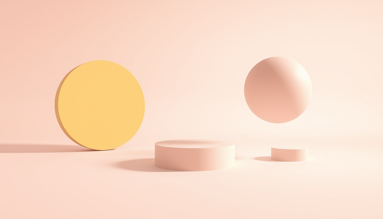 Main art studio: Ultra minimal retro CGI forms floating on thin air. Basic colors. Bauhaus like minimalism and texures. Openess and super minimal. Negative spaces.