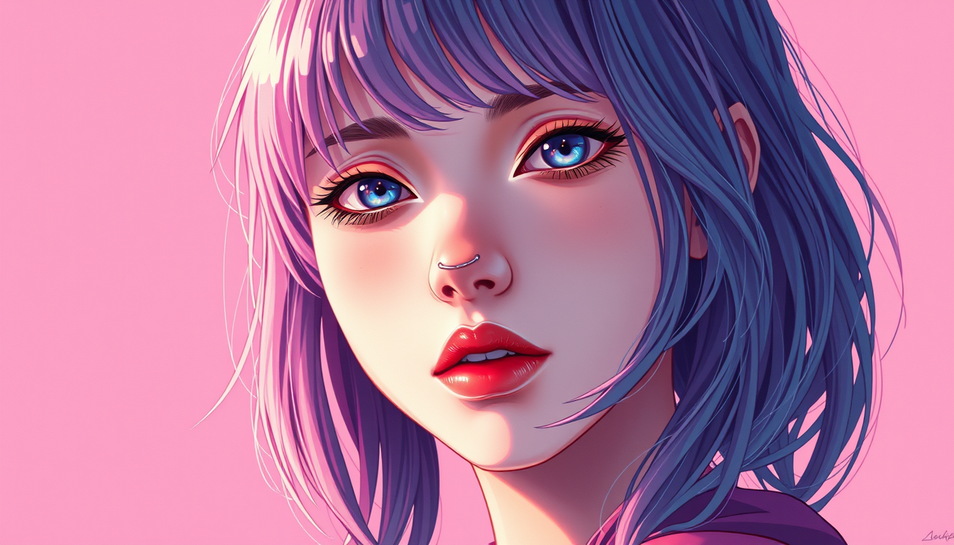 Wallpapers idea: wallpaper artwork, wide atmospheric scene or bold pattern, high detail, solid pink background with a beautiful girl with galexy colored hair and a nos