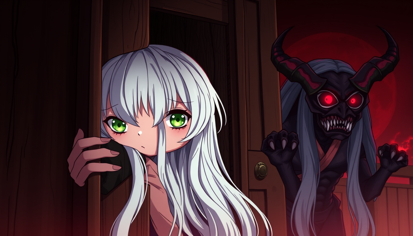 Anime idea: anime style, vibrant colors, expressive eyes, 2D Japanese shonen anime style. A four-year-old girl, Akai Kurotsuki, with very long white hair and gree