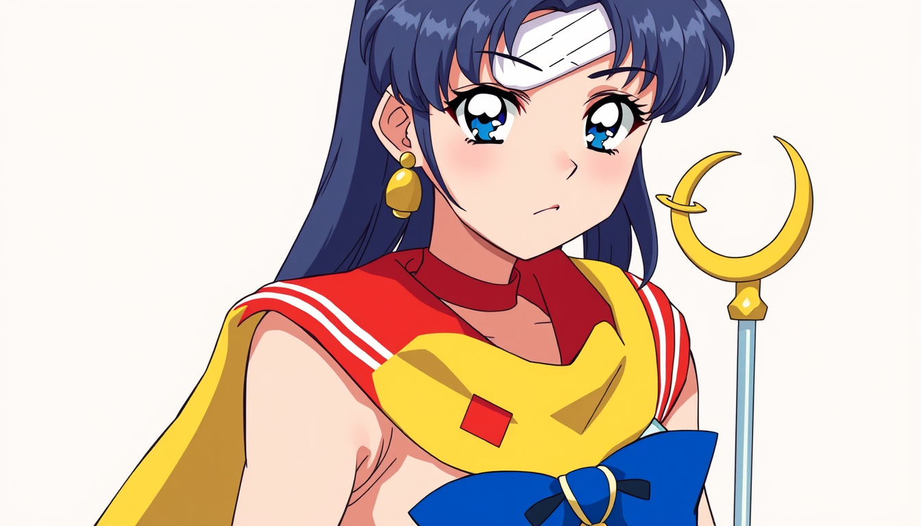 Anime idea: anime style, vibrant colors, expressive eyes, 90s Sailor Moon anime style. Tall girl, light skin, near-black hair. Classic yellow, red and blue sailor