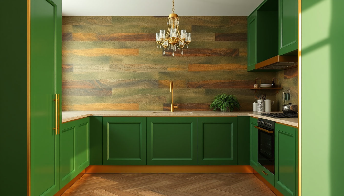 Main art studio: green kitchen with gold trim. Wall is rammed earth with green gold and browns in the background, wall is striated layers