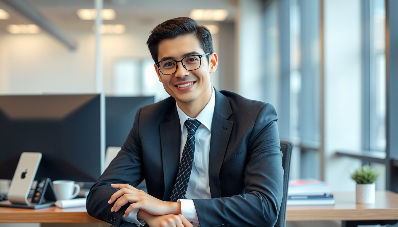 Main art studio: the person who work at the office brown eyes black hair 182cm tall skinny face good shape with suit and smile and picture was taken on his office also