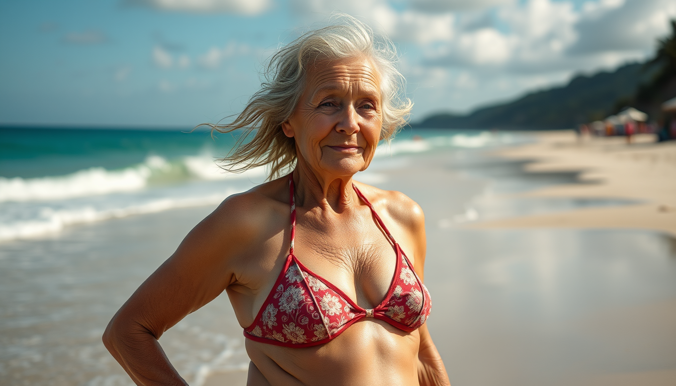 Main art studio: Elder woman in bikini on a beach