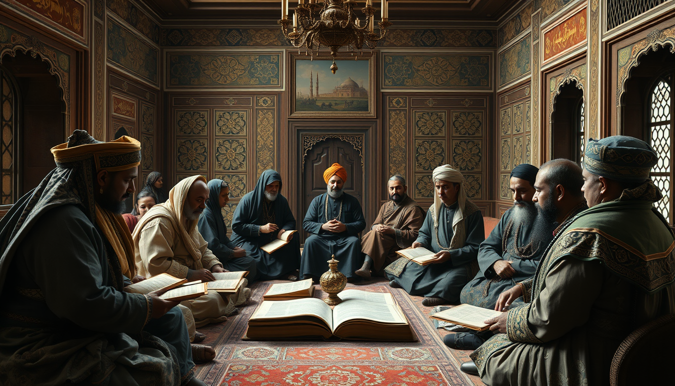 Main art studio: A sophisticated 16th-century Mughal cultural gathering showing the meeting of Indian and Persian artistic traditions, scholars, poets, calligraphers a