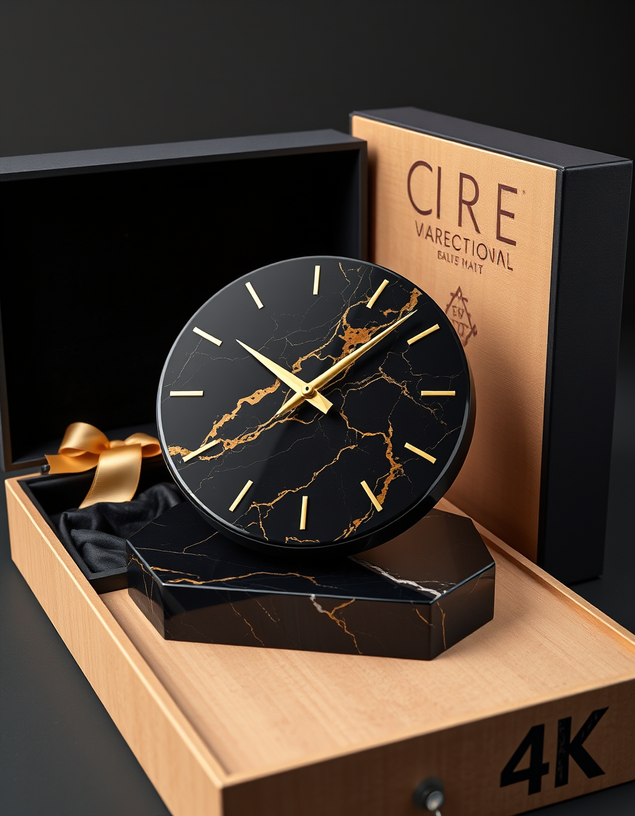 Main art studio: Modern luxury resin clock on an MDF base, black marble design with elegant golden veins, sleek gold hands, glossy resin finish, presented in a stylish