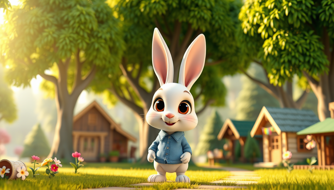 Main art studio: A cute little white rabbit with big expressive eyes, wearing a small blue shirt, standing in a beautiful colorful 3D cartoon forest village. Bright gr