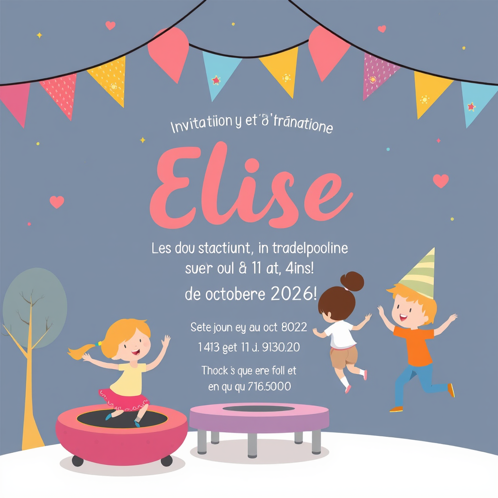 Main art studio: Propose une invitation pour l'anniversaire de notre fille Elise, qui va fêter ses 8 ans et invite ses amis à cette occasion le dimanche 4 octobre 2026