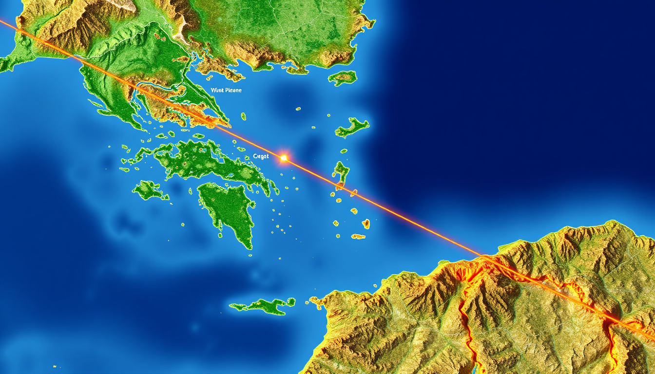 Main art studio: I want an image of the northern side of Crete (map) that only looks like an optical fiber passing from left to right. That is, a line just like optica