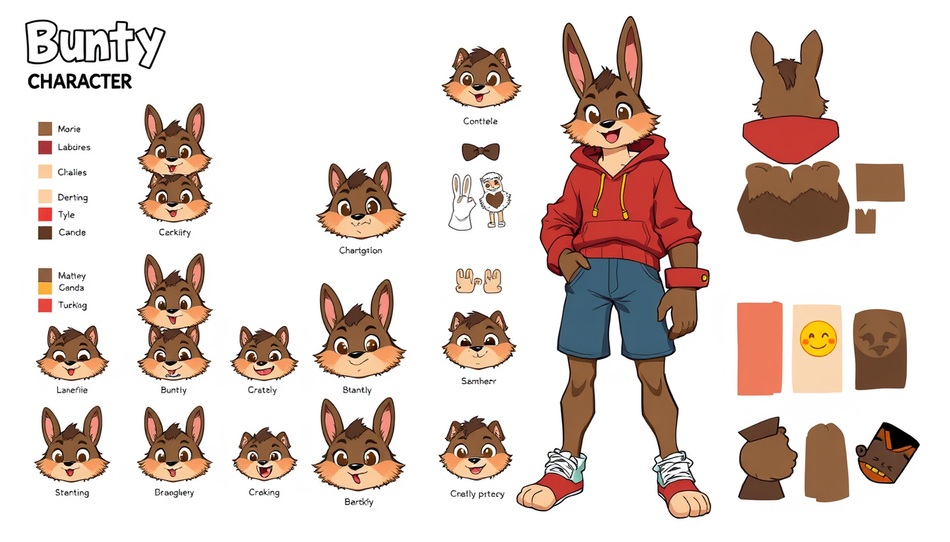 Character Sheet idea: a visual character reference sheet with a dominant full-body view, controlled details, palette swatches, and supporting expressions or accessories, de