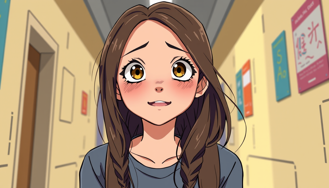 Main art studio: Une fille ado à la peau mate et aux cheveux longs et yeux bruns (cheveux relevés en queue-de-cheval) qui rigole et se moque dans un couloir animé d'un