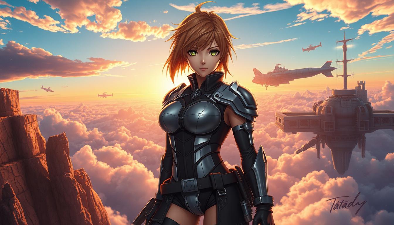 Main art studio: masterpiece, best quality, ultra detailed, Leona Heidern from The King of Fighters, advanced aerial combat uniform with streamlined armor accents, col