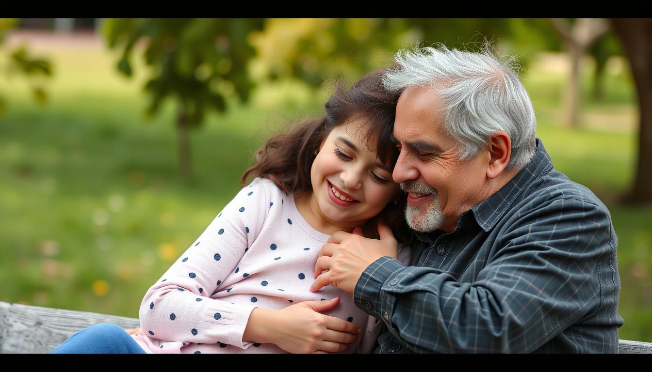 Main art studio: Quiero a un papá riéndose con su hija. Algo que se asimile a esta expresión: Entre risas y llanto me tomo de su mano y seco mis tristezas con su abraz