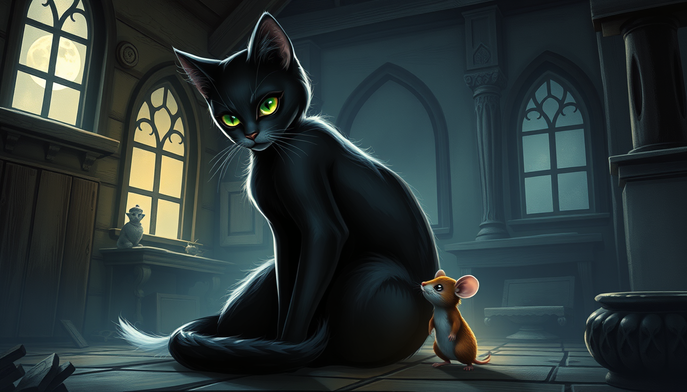 Main art studio: "A beautiful elegant female catgirl named Luna, silver-black fur, intelligent emerald eyes, sitting confidently in an old moonlit house. A small male