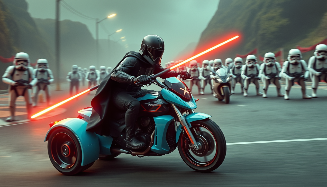 Main art studio: dark vador sur un tricycle cyan à néons fonce à toute vitesse, cape dans le vent. Il tient une lance de joute courte au bout de laquelle se trouve un 