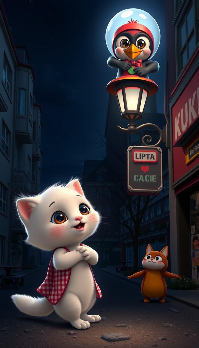 Main art studio: Generate a video of the baby penguin jumping down from the top of the street light and landing directly in front of the little kitten. The penguin sho