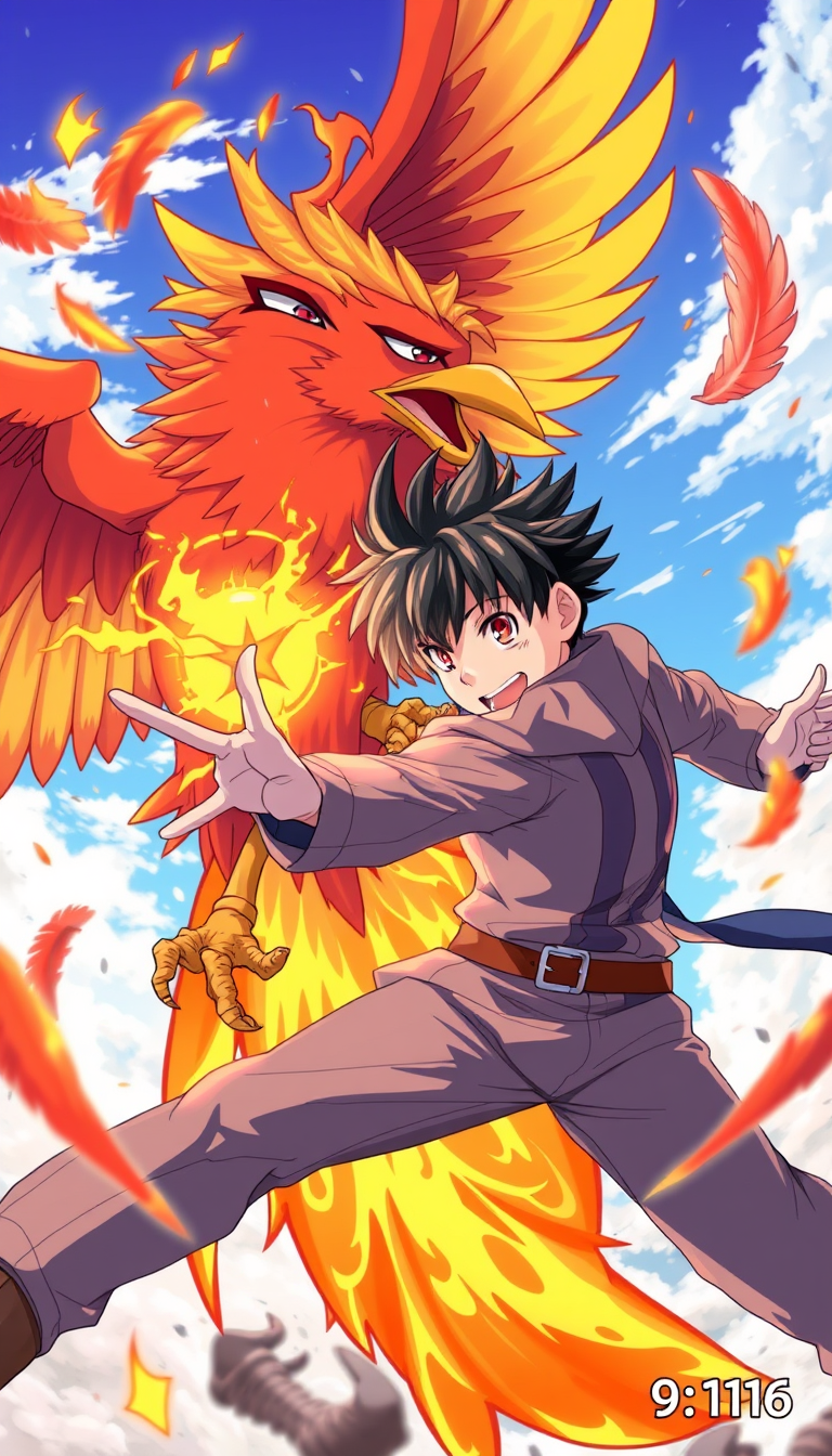 Anime idea: anime style, vibrant colors, expressive eyes, Anime action, fire bird attacks the man, man dodges, flying feathers, 9:16. , detailed anime illustratio