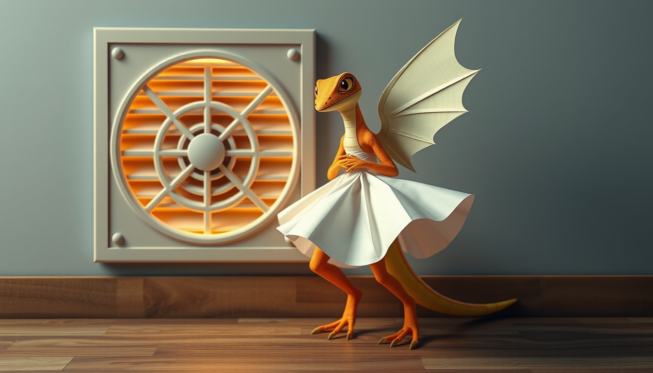 Main art studio: A female tall pritty beutifaul flirty lizzard pokemon made of paper that wears a paper skirt steps next to a wall vent that made her skirt flutter bea