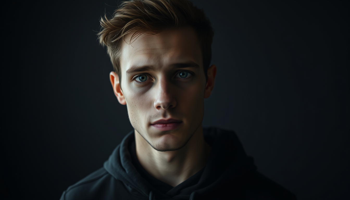 Main art studio: A realistic portrait of a young man standing in a dark room, wearing a plain black hoodie. Soft light hits one side of his face while the other side f