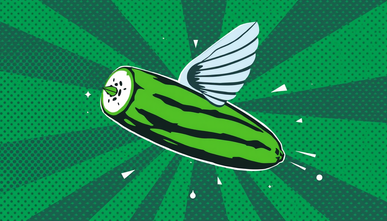 Pop Art idea created from the prompt: bold pop-art graphic treatment, flat high-contrast colors, halftone dots, thick outlines, FLYING CUCUMBER , dramatic crop, screen-printed te