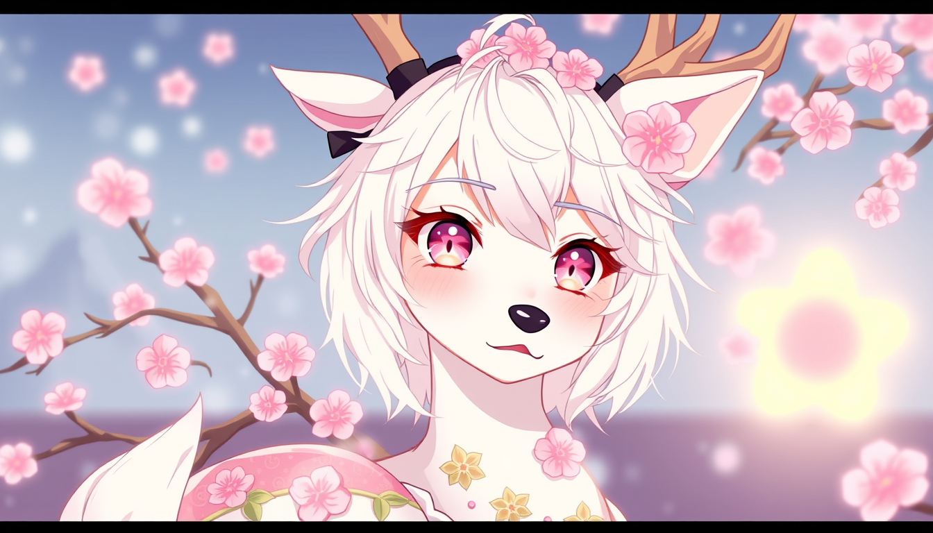 VTuber Avatars idea: vtuber avatar, anime style bust, expressive eyes, streaming overlay ready, Small, Youthful looking Bisouhion. Femboy. 5'0. A deer mixed with Sakura bl