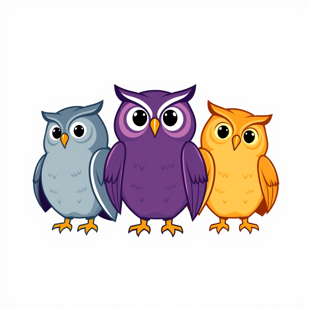 Main art studio: Professional mascot logo for a modern university study app. Exactly three charming owl characters side by side. Left owl is blue-gray, looking slightl