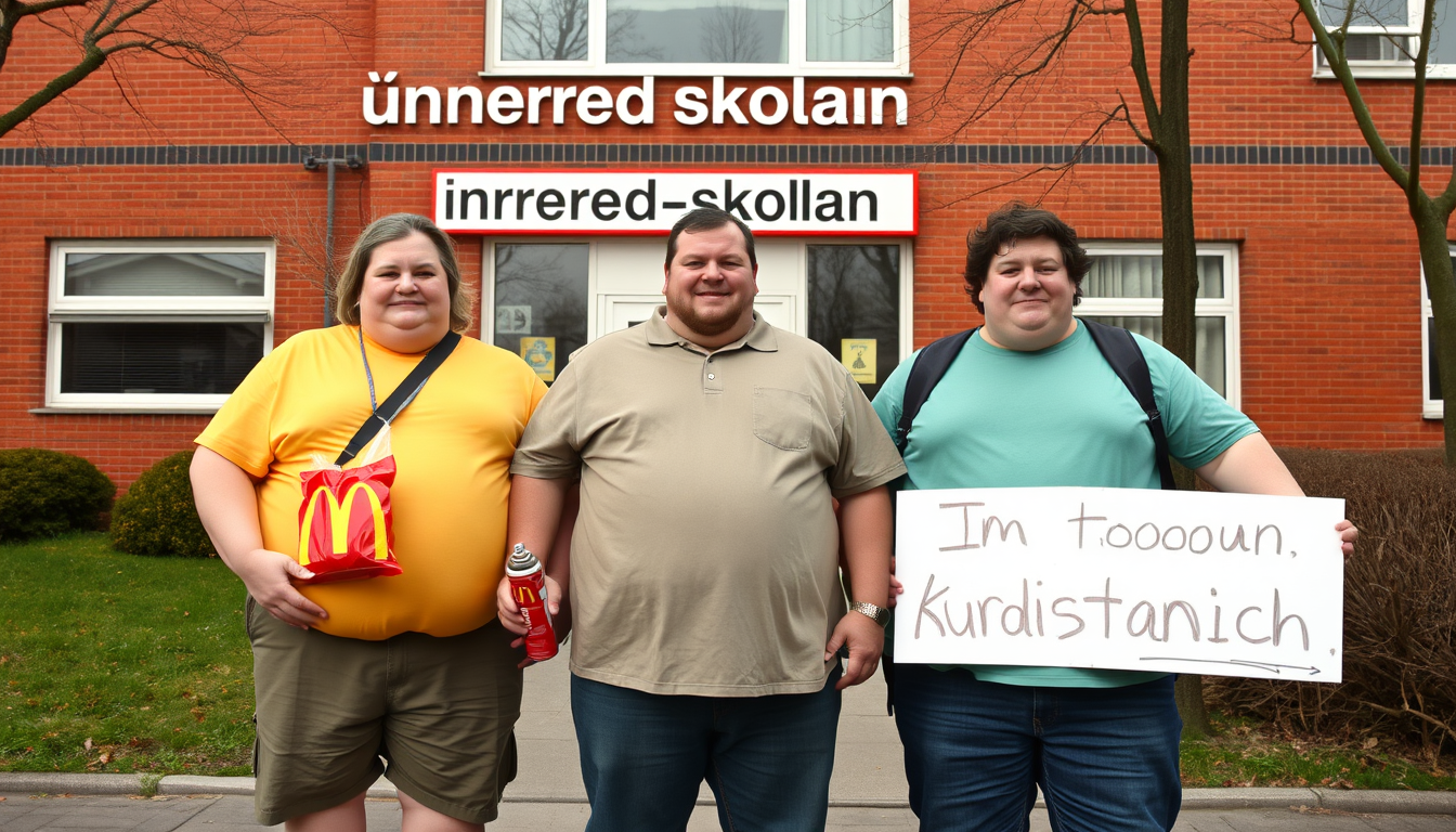 Main art studio: 2 fat people and 1skinny Guy who has a bag of McDonald's in there hands and they are infront of a school,the school needs to have a sign that says "Ön