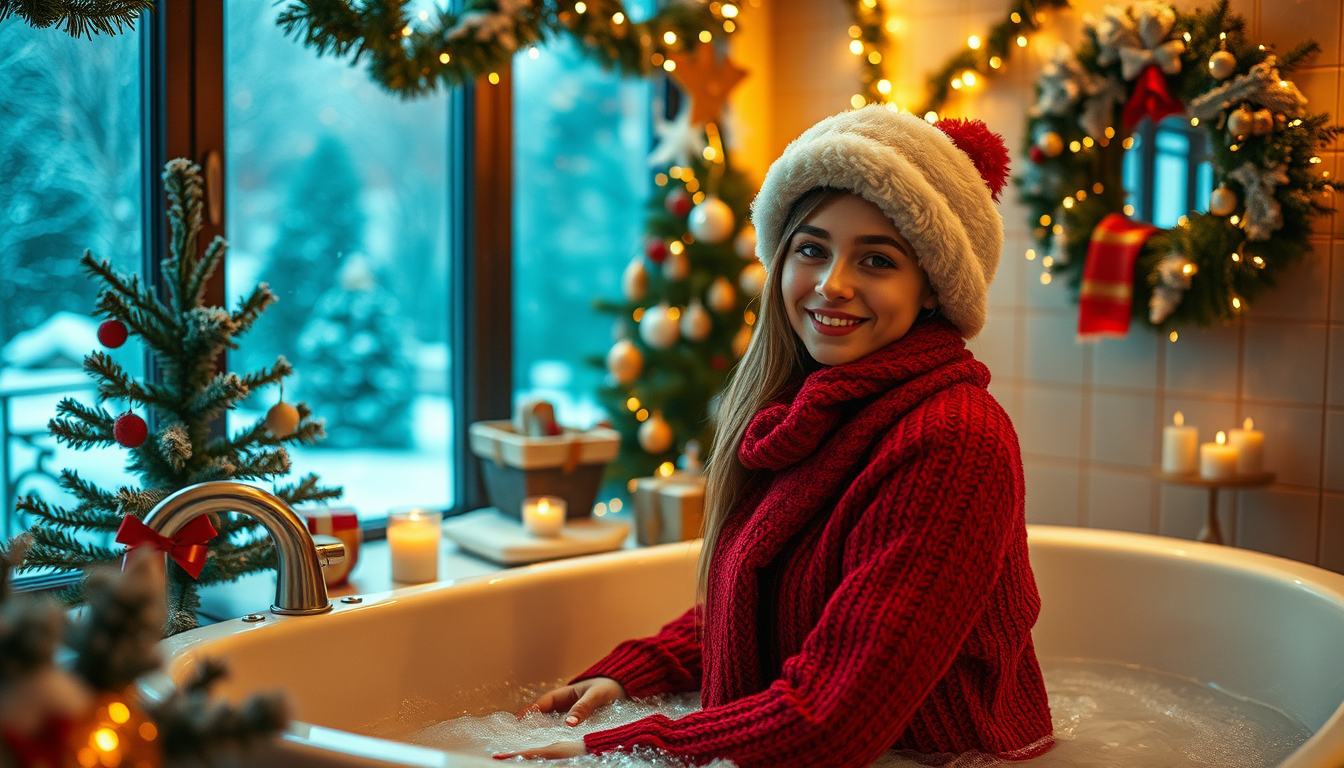 Christmas Photos idea: Christmas holiday scene, warm festive lighting, evergreen and gold palette, худая молоденькая девушка обнаженная без одежды и нижнего белья под душем