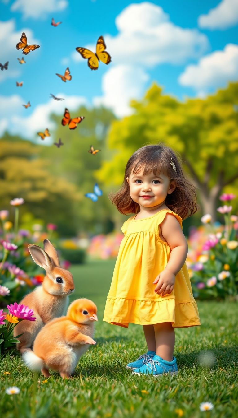 Main art studio: A cute little girl with brown hair in a yellow dress and blue shoe stands in a colorful park, smiling at the camera. She is surrounded by flowers, but
