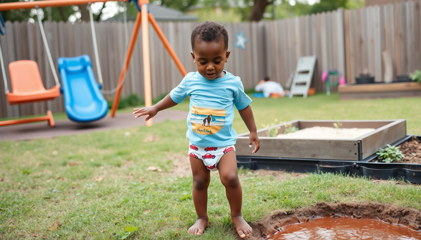 Main art studio: 4 year old african american boy wearing light blue t shirt with a beach on the t shirt, white potty trained underwear briefs with red racing cars on i