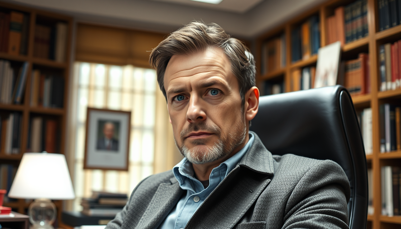 Main art studio: erstelle ein bild von einem mann in einem büro mit kamin im hintergrund und bücherregalen er soll auf einem ledersessel sitzen und man soll sein gesic