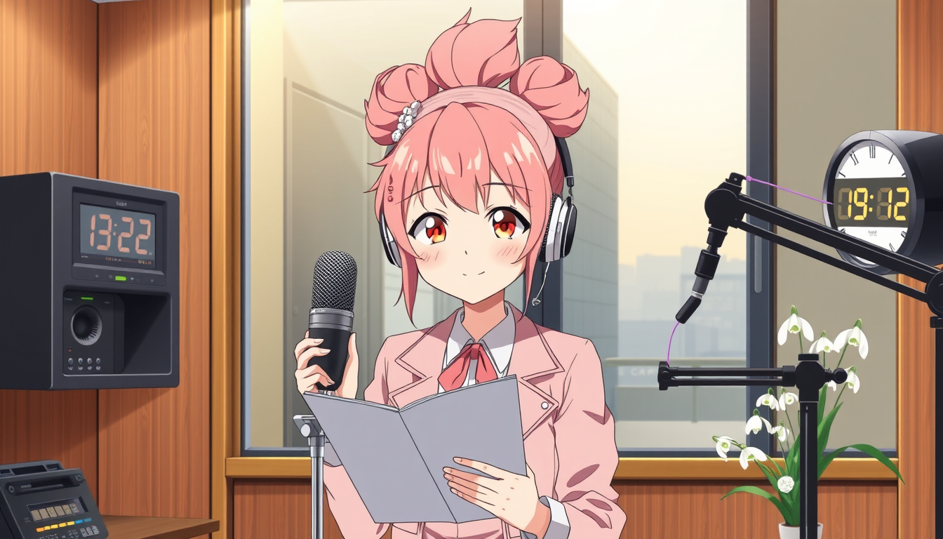 AI Art prompt example created from the prompt: Create a polished Japanese anime-style thumbnail for Episode 32 of an original anime series. Exact Japanese episode title: 「声優の優雅さを見せて!アキのアフ