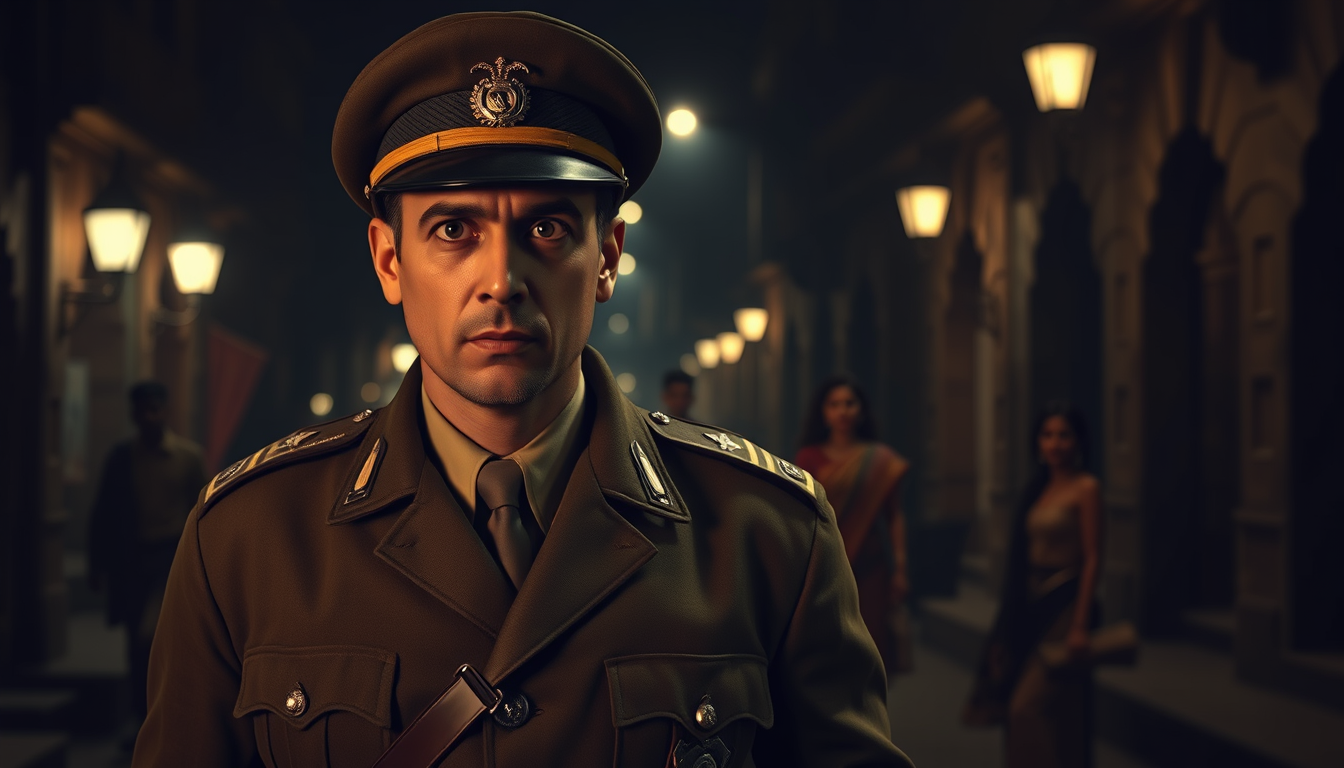 Main art studio: Ultra photorealistic cinematic 4K historical scene, Shrikant Jung Bahadur, a fictionalized British Indian intelligence officer in his late thirties, w