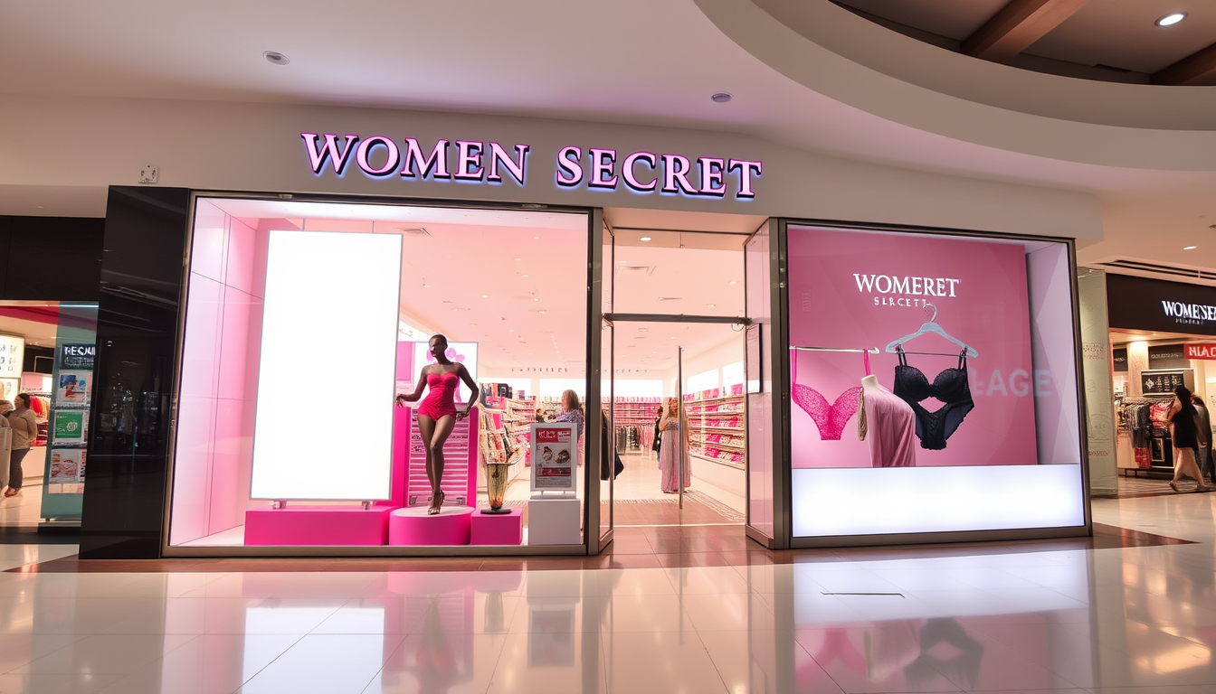 Main art studio: Imagen del escaparate de una tienda de lencería de Women Secrets en un centro comercial. A la izquierda y dentro del escaparate, un cartel en blanco,