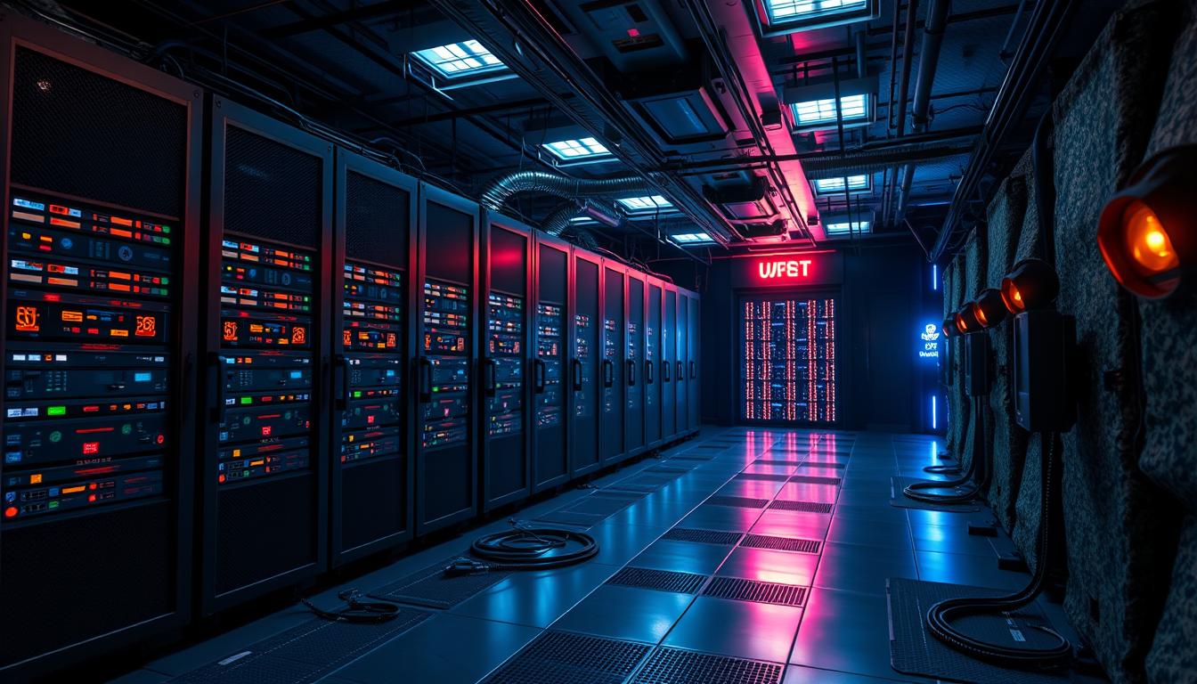 Main art studio: nuclear powered data center in a black ops (d.u.m.b) deep underground military bunker. the data center is connected to all 4G and 5G cell towers and t