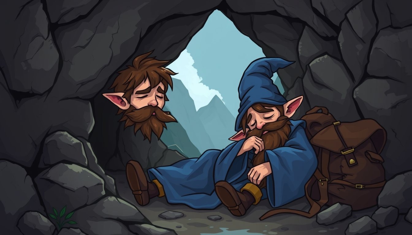 Main art studio: create a picture of a halfling wizard without pointy ears, and brown hair and a beard, dressed in blue robes and blue hat sleeping near the opening to