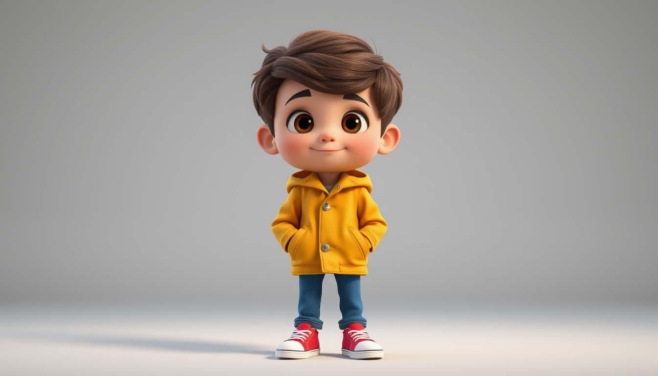 Main art studio: A high-quality cinematic 3D animated family film character design of Léo, a kind 10-year-old boy with short brown hair, warm brown eyes, a mustard-yel