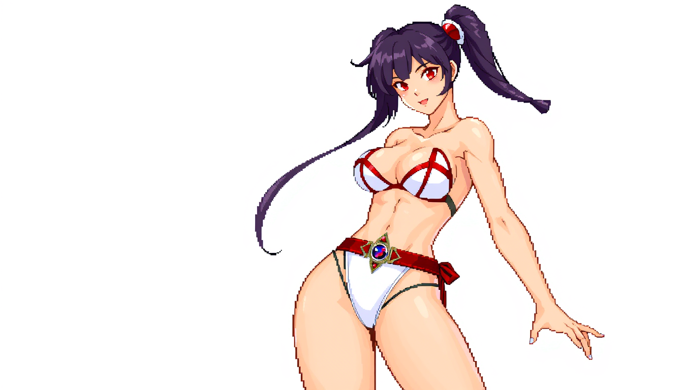 Main art studio: "Sprite de personaje estilo KOF chizuru , 64×99 píxeles, portaligas, bikini pequeño, mantener la parte blanca debajo del cinturón rojo intacta, misma