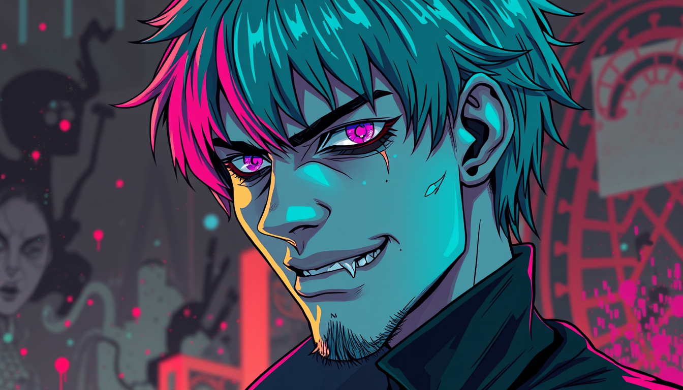 Main art studio: Homem aleatório com cabelo colorido, características de monstro, cyberpunk,anime