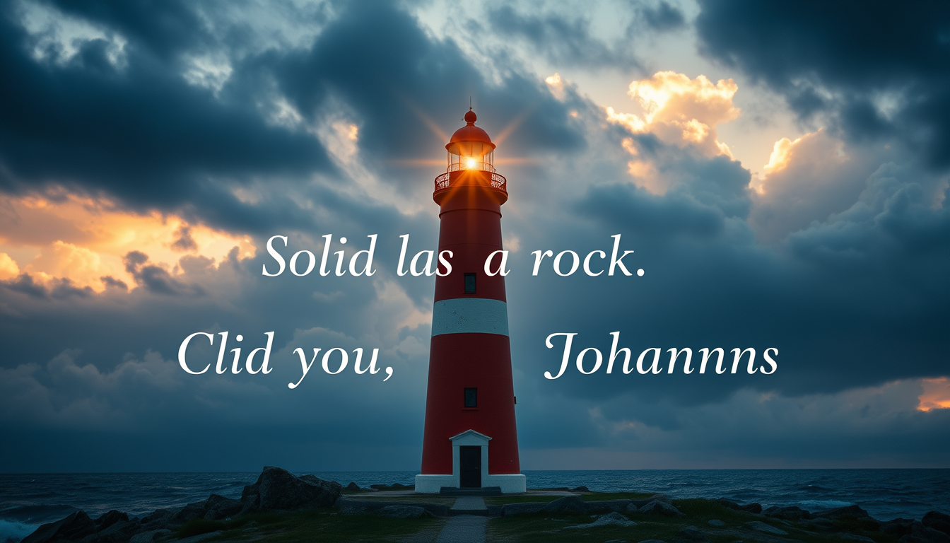 Main art studio: Create a warm, cinematic farewell image. Show a strong lighthouse standing firm after a storm, with clouds clearing and warm sunlight breaking through