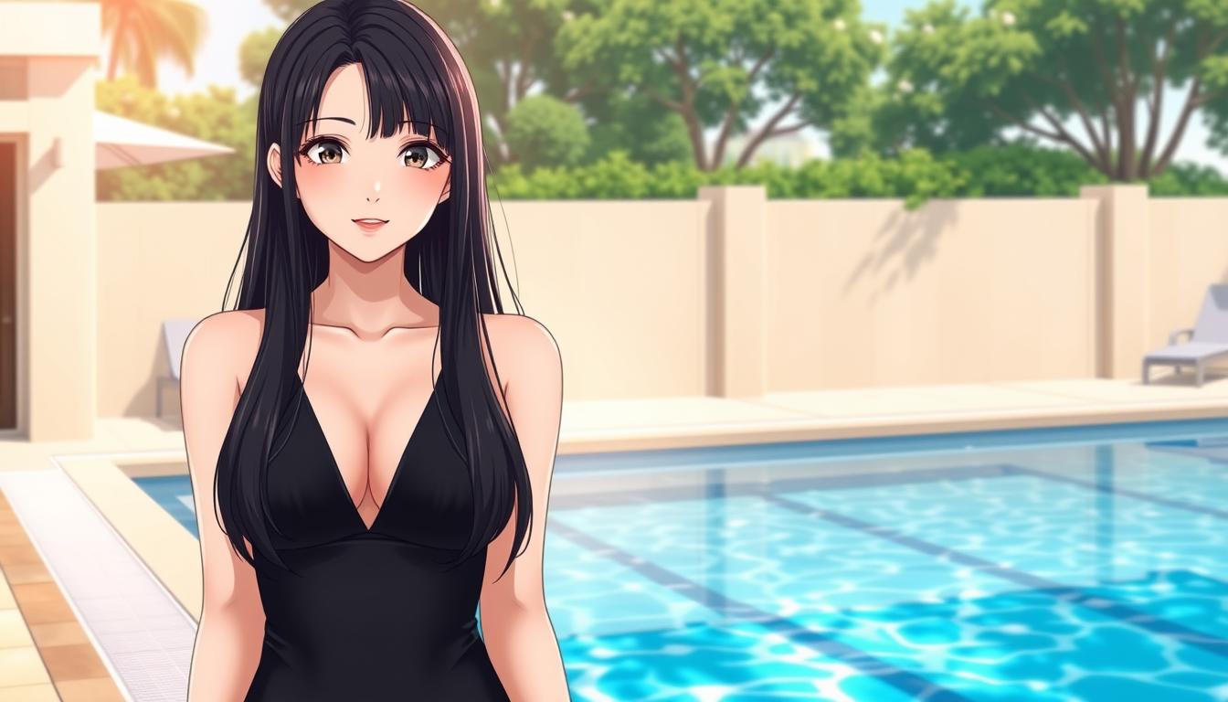 Main art studio: High-quality semi-realistic Japanese anime illustration of an adult Korean woman with long, straight black hair, wearing an elegant black two-piece sw