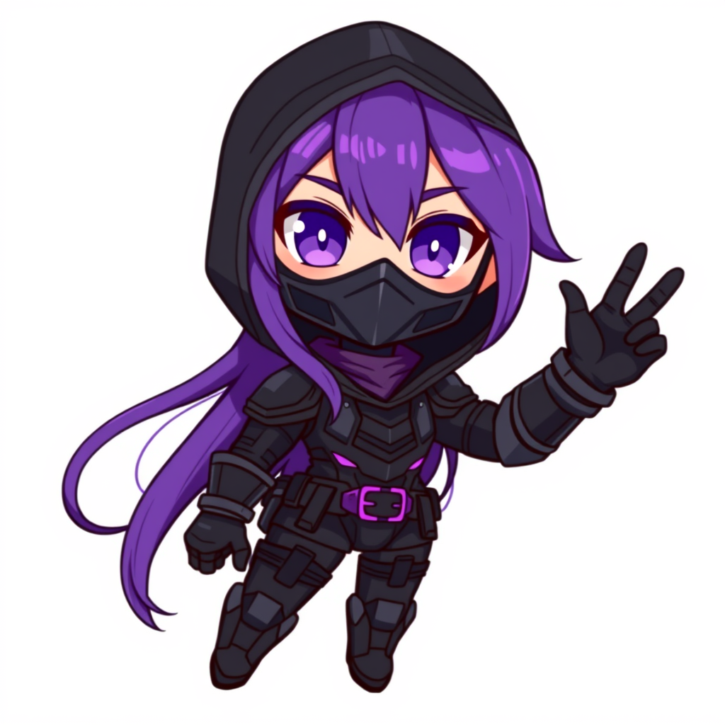Main art studio: Chibi female cyberpunk warrior, long flowing purple hair with violet highlights, large expressive purple eyes, dark metallic face mask, black/dark gra