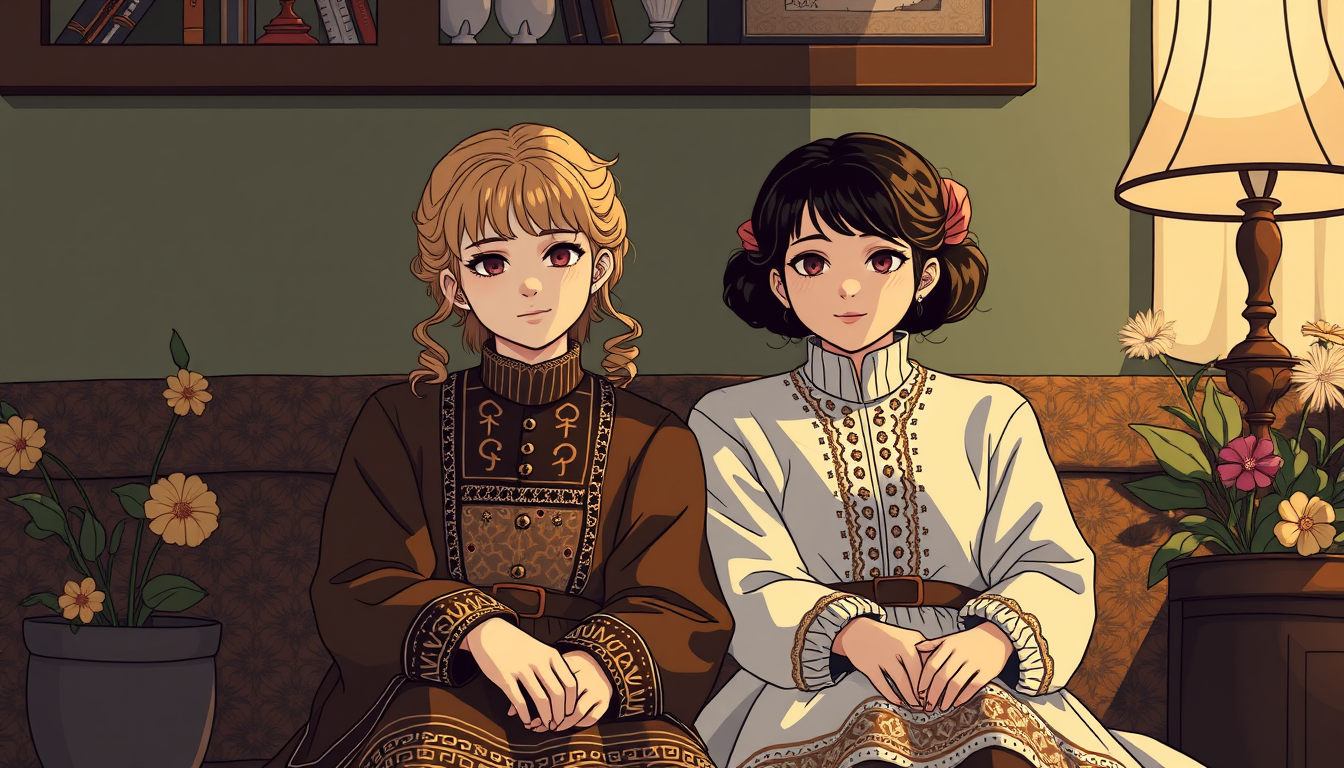 AI Art prompt example created from the prompt: Короче мне нужно 2 человек они стоят вместе обнимаются 1 ето Клео у нее вешневые волосы она корейка одевается в чёрное 2 ето Мия она блондин