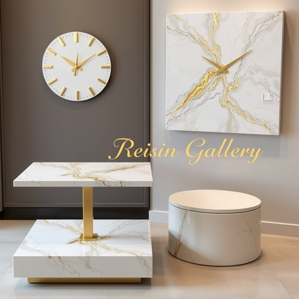 Main art studio: Luxury resin furniture collection, a 1-meter square resin table, a resin wall clock, and a resin wall art panel, all made on MDF with elegant marble-e