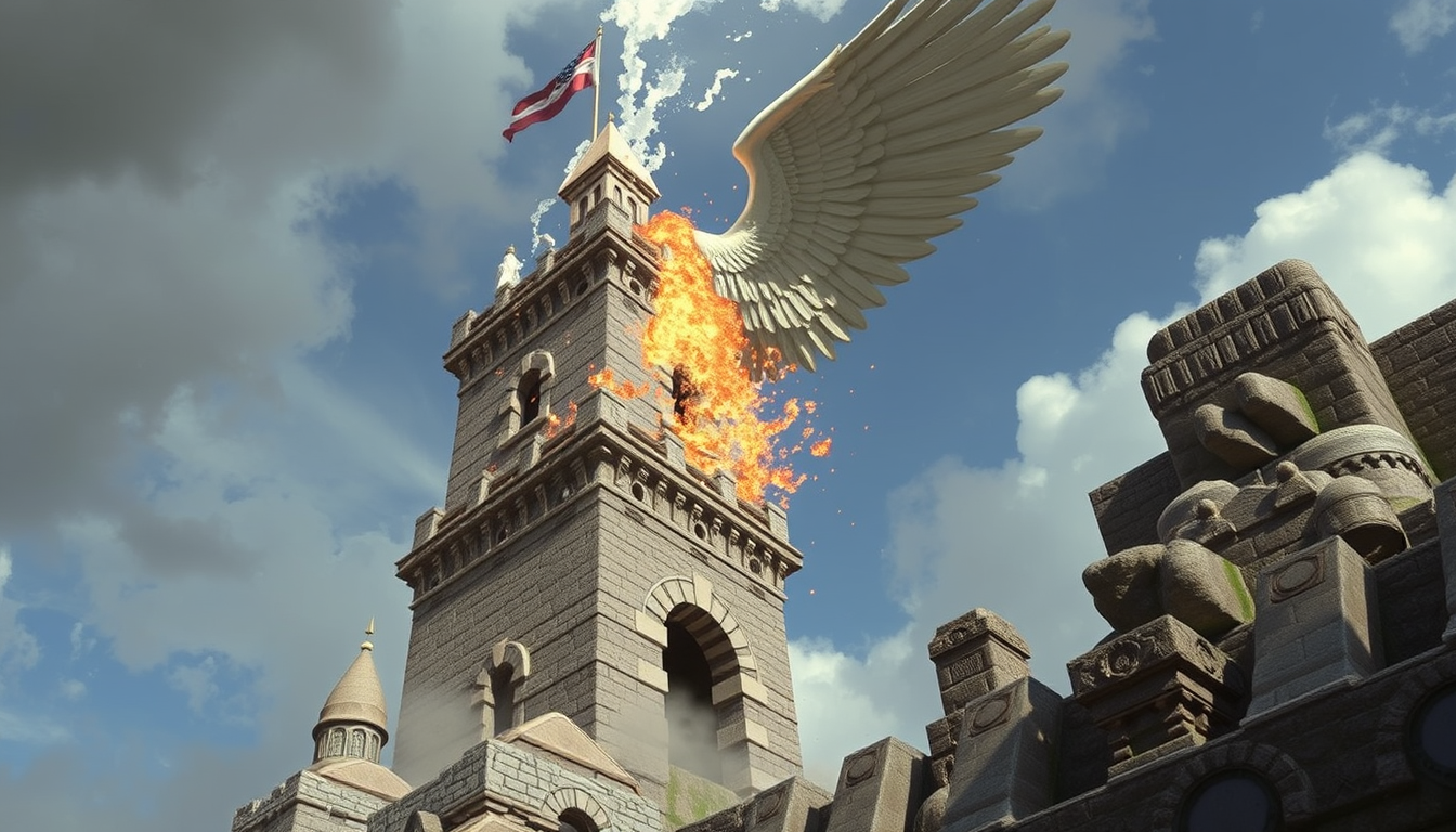 Main art studio: Angel destroying a tower