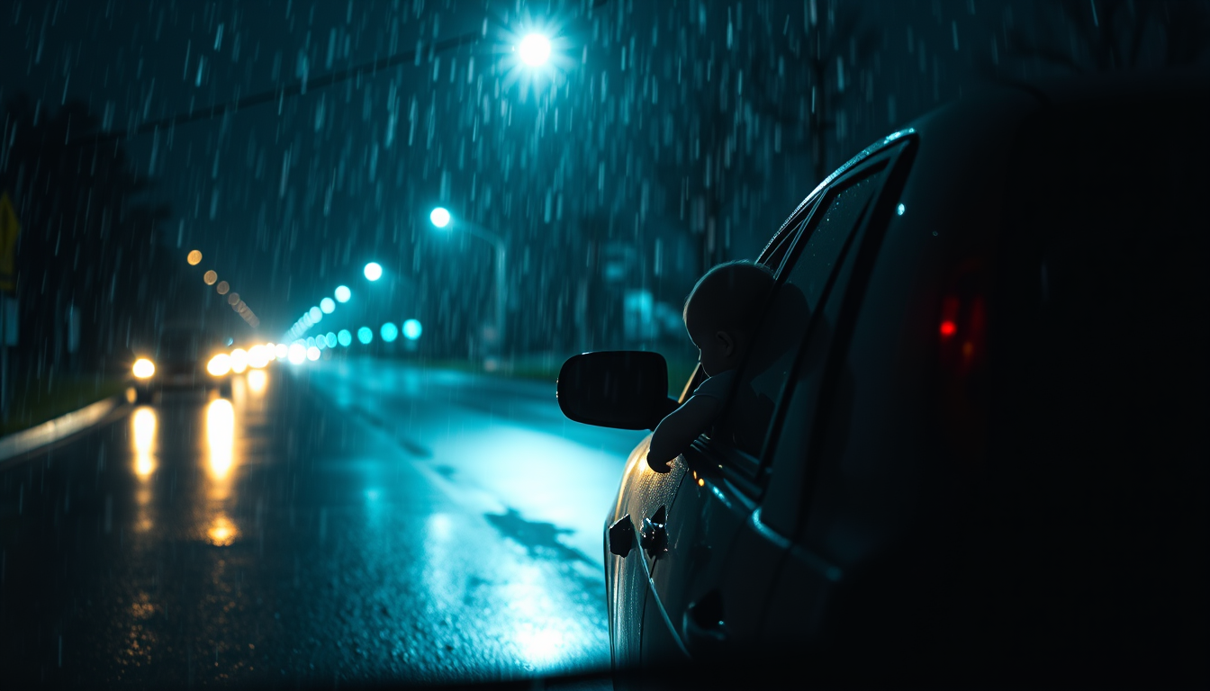 Main art studio: make me a image of a baby getting taken from a car in a rainy night by a dark figure